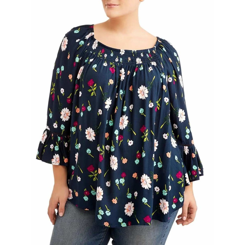 Terra & Sky Floral Peasant Blouse Boho Cottagecore Navy Rayon Plus 1X 16W-18W